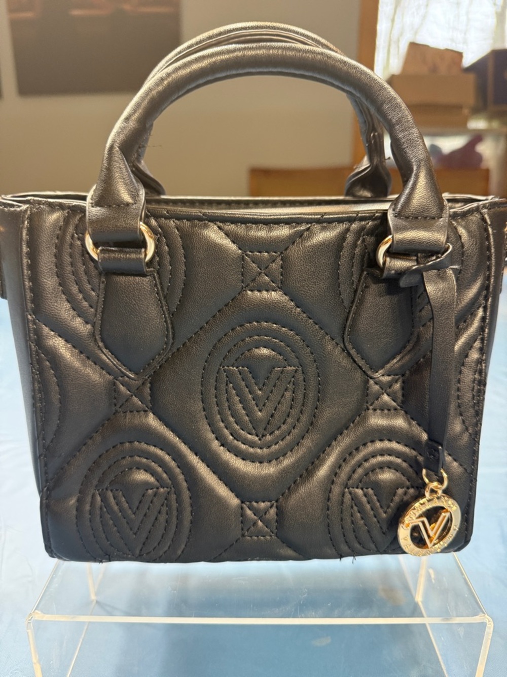 Black Quilted Top-Handle Women's Bag with Gold Charm
